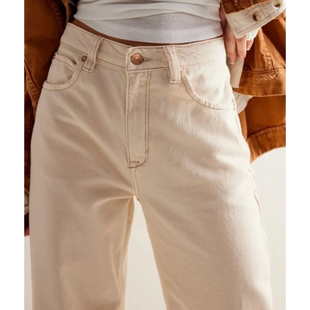 NEW FREE PEOPLE WE THE FREE ECRU TINSLEY BAGGY HIGH RISE STRAIGHT LEG JEANS 32